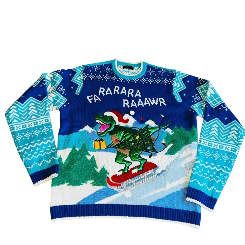 Men's Blue Dinosaur Holiday Sweater